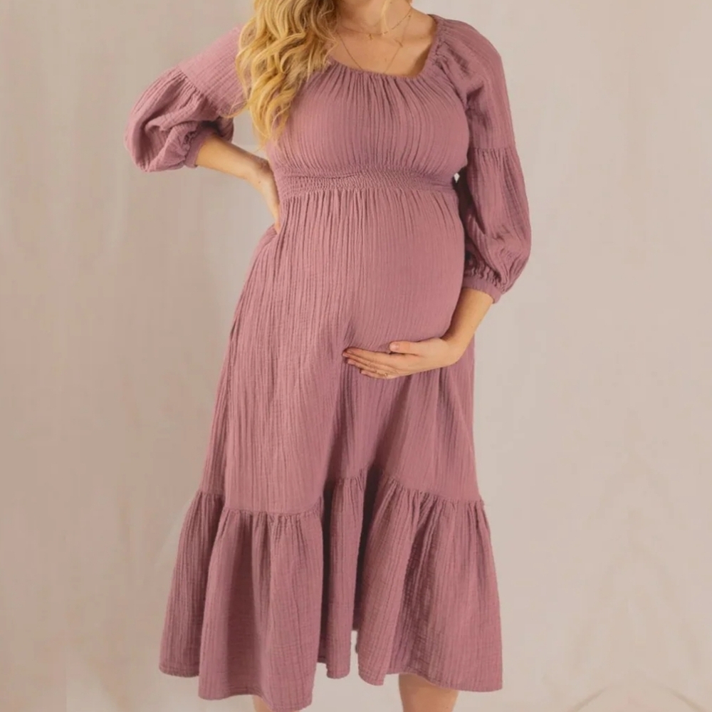 Emme Mama Maternity And Nursing 100% Cotton Smock Maxi Dress Small - Elderberry